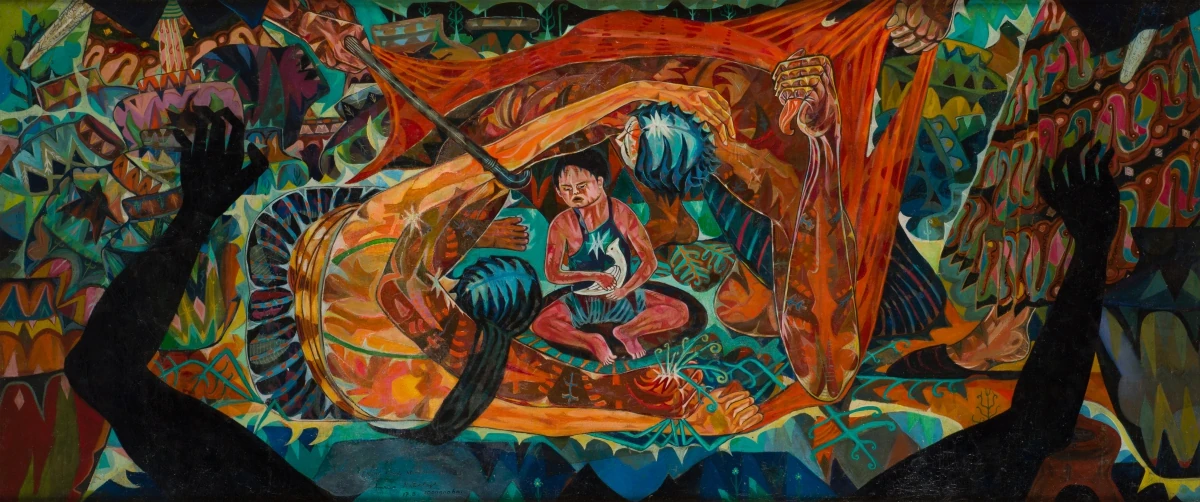 Mereka yang Terusir dari Tanahnya Amrus Natalsya, Mereka Yang Terusir Dari Tanahnya (‘Mereka yang Diusir dari Tanahnya’), 1960, cat minyak di atas kanvas, 80 x 187 cm, Koleksi Galeri Nasional Singapura.